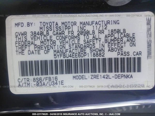 5YFBU4EE6DP118882 - 2013 TOYOTA COROLLA S/LE BLUE photo 9