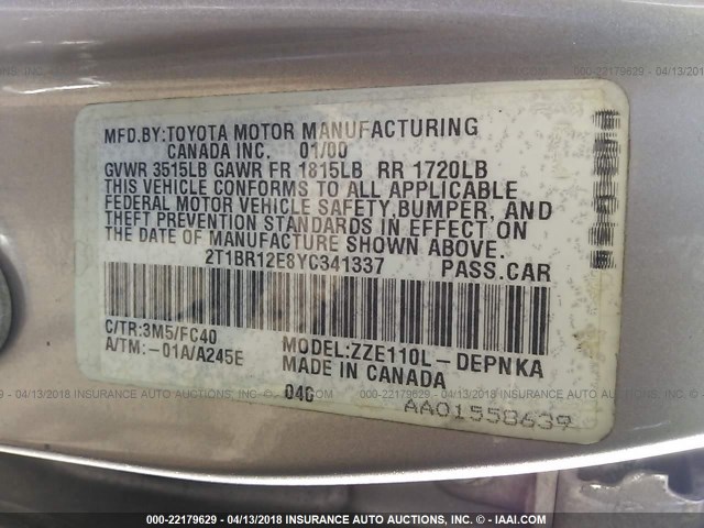 2T1BR12E8YC341337 - 2000 TOYOTA COROLLA VE/CE/LE GOLD photo 9