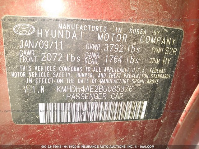 KMHDH4AE2BU085376 - 2011 HYUNDAI ELANTRA GLS/LIMITED BURGUNDY photo 9