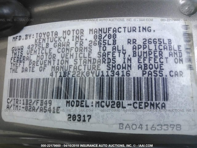 4T1BF22K0YU113416 - 2000 TOYOTA CAMRY LE/XLE GRAY photo 9