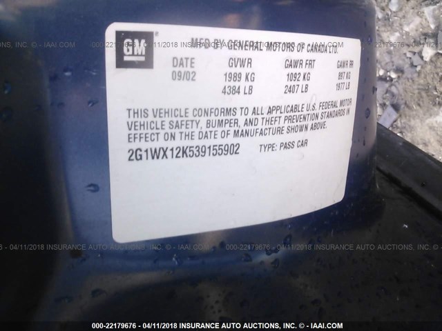 2G1WX12K539155902 - 2003 CHEVROLET MONTE CARLO SS ლურჯი ფოტო 9