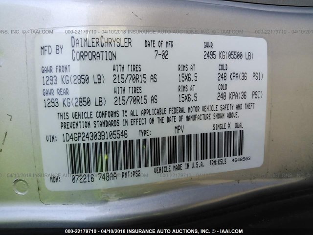 1D4GP24303B105546 - 2003 DODGE GRAND CARAVAN SE SILVER photo 9