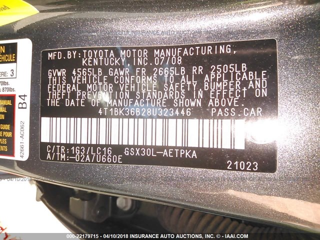 4T1BK36B28U323446 - 2008 TOYOTA AVALON XL/XLS/TOURING/LIMITED GRAY photo 9