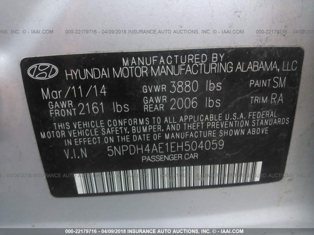 5NPDH4AE1EH504059 - 2014 HYUNDAI ELANTRA SE/SPORT/LIMITED SILVER photo 9