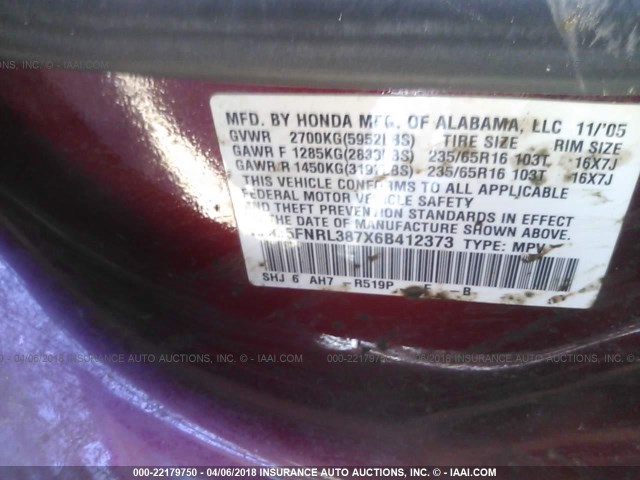 5FNRL387X6B412373 - 2006 HONDA ODYSSEY EXL RED photo 9