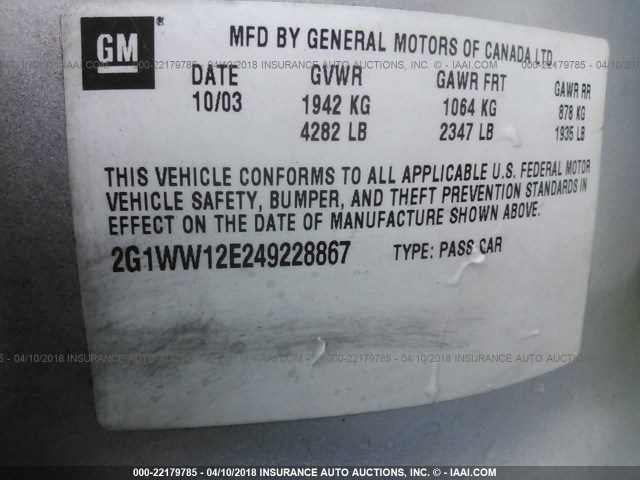 2G1WW12E249228867 - 2004 CHEVROLET MONTE CARLO LS ვერცხლისფერი ფოტო 9