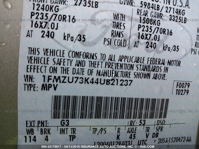 1FMZU73K44UB21237 - 2004 FORD EXPLORER XLT/XLT SPORT/NBX 金色 照片 9