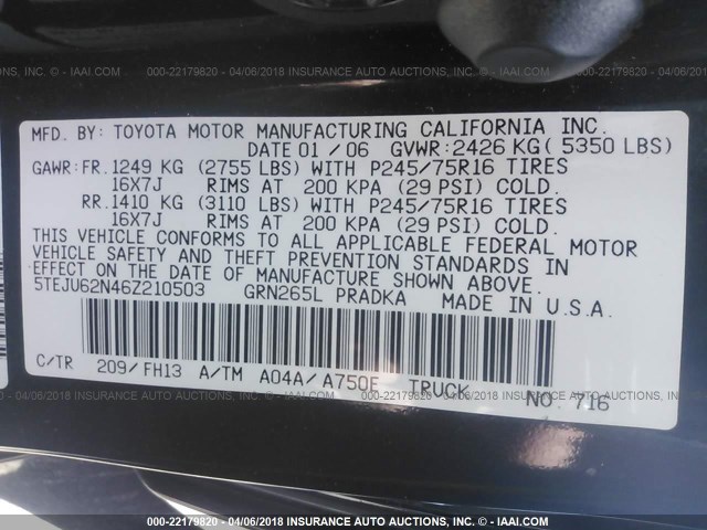5TEJU62N46Z210503 - 2006 TOYOTA TACOMA DOUBLE CAB PRERUNNER BLACK photo 9