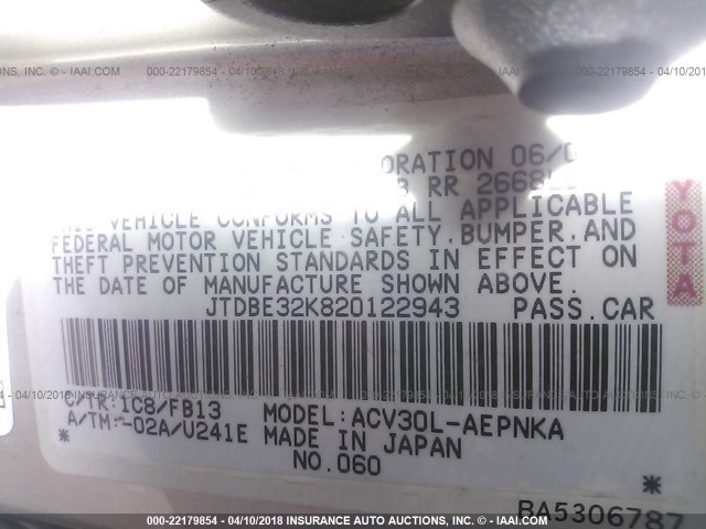 JTDBE32K820122943 - 2002 TOYOTA CAMRY LE/XLE/SE SILVER photo 9