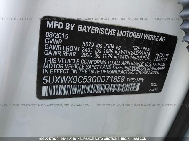 5UXWX9C53G0D71859 - 2016 BMW X3 XDRIVE28I WHITE photo 9