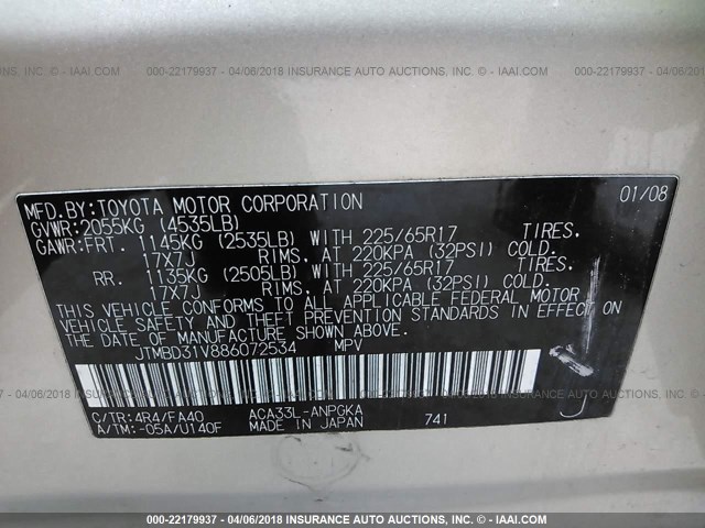 JTMBD31V886072534 - 2008 TOYOTA RAV4 LIMITED GOLD photo 9