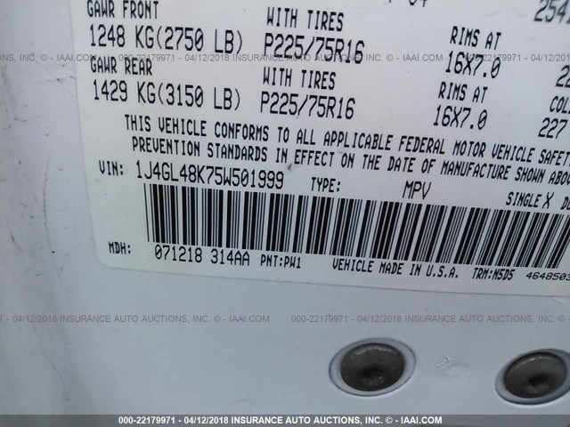 1J4GL48K75W501999 - 2005 JEEP LIBERTY SPORT 白色 照片 9