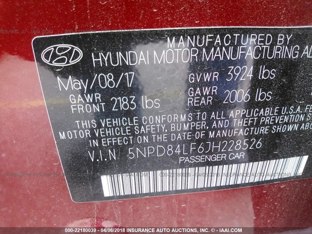 5NPD84LF6JH228526 - 2018 HYUNDAI ELANTRA SEL/VALUE/LIMITED RED photo 9