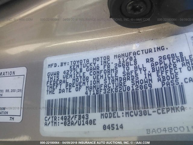 4T1BF32K82U012069 - 2002 TOYOTA CAMRY LE/XLE/SE Qızıl foto 9