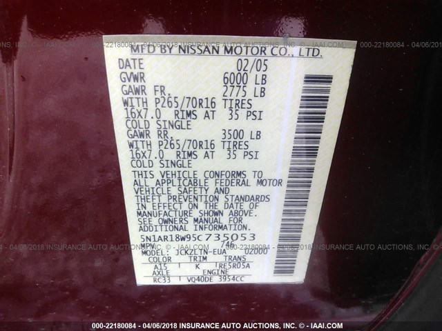 5N1AR18W95C735053 - 2005 NISSAN PATHFINDER LE/SE/XE MAROON photo 9