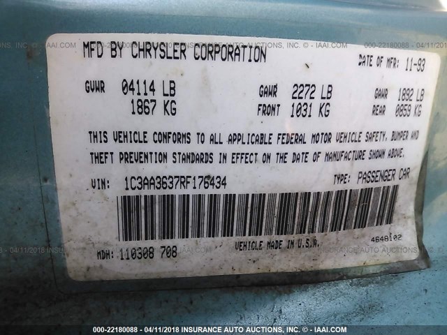 1C3AA3637RF176434 - 1994 CHRYSLER LEBARON LE A-BODY BLUE photo 9