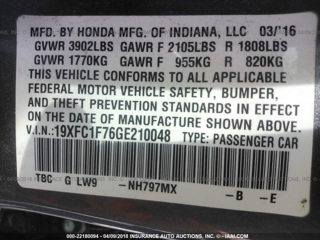 19XFC1F76GE210048 - 2016 HONDA CIVIC EXL GRAY photo 9