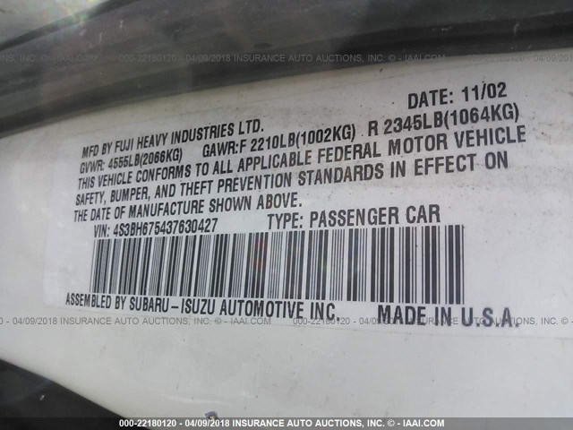 4S3BH675437630427 - 2003 SUBARU LEGACY OUTBACK AWP 白色 照片 9