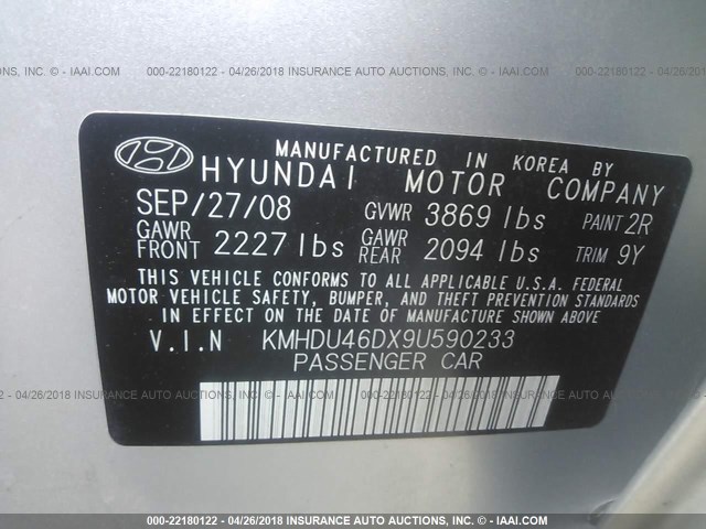 KMHDU46DX9U590233 - 2009 HYUNDAI ELANTRA GLS/SE SILVER photo 9