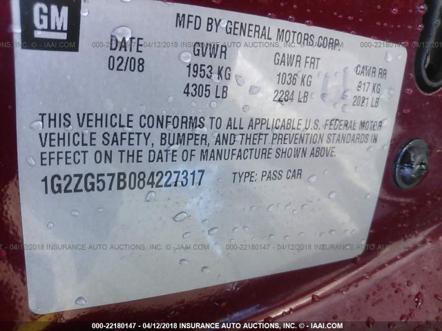 1G2ZG57B084227317 - 2008 PONTIAC G6 SE RED photo 9