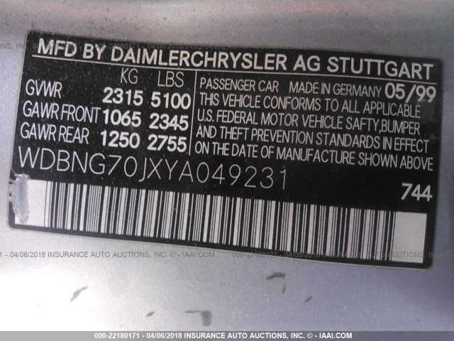 WDBNG70JXYA049231 - 2000 MERCEDES-BENZ S 430 SILVER photo 9