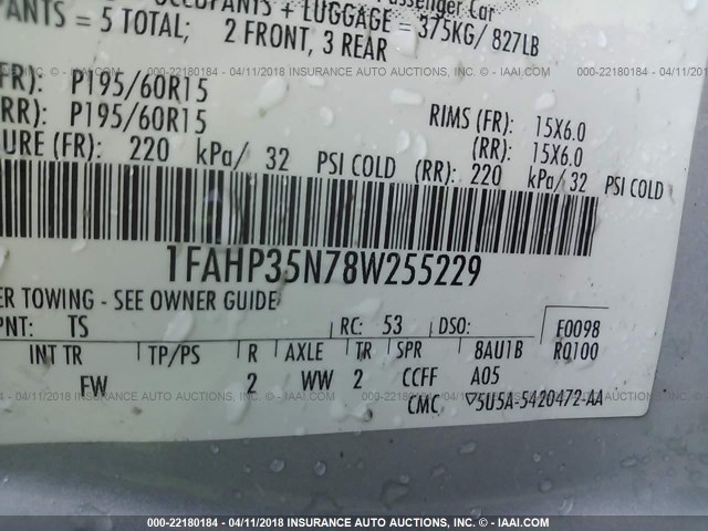 1FAHP35N78W255229 - 2008 FORD FOCUS SE/SEL/SES SILVER photo 9