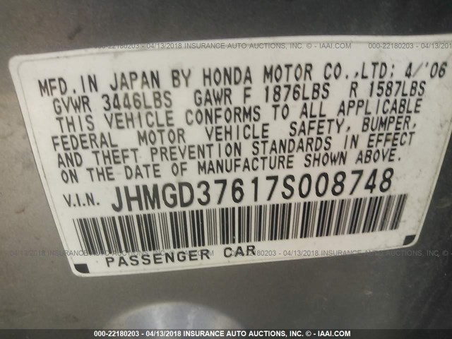 JHMGD37617S008748 - 2007 HONDA FIT S SILVER photo 9