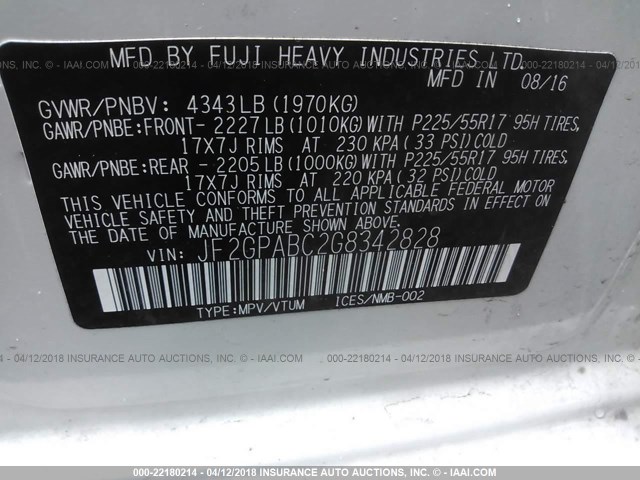 JF2GPABC2G8342828 - 2016 SUBARU CROSSTREK PREMIUM Ақ фото 9