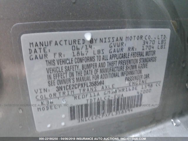 3N1CE2CPXFL358594 - 2015 NISSAN VERSA NOTE S/S PLUS/SV/SL/SR GRAY photo 9