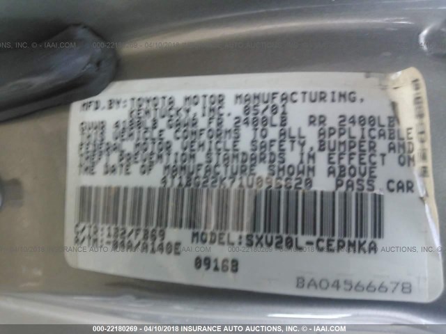 4T1BG22K71U096620 - 2001 TOYOTA CAMRY CE/LE/XLE GRAY photo 9