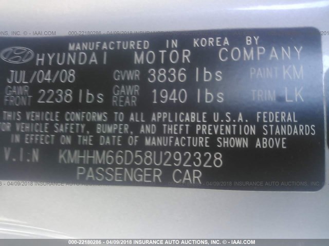 KMHHM66D58U292328 - 2008 HYUNDAI TIBURON GS SILVER photo 9