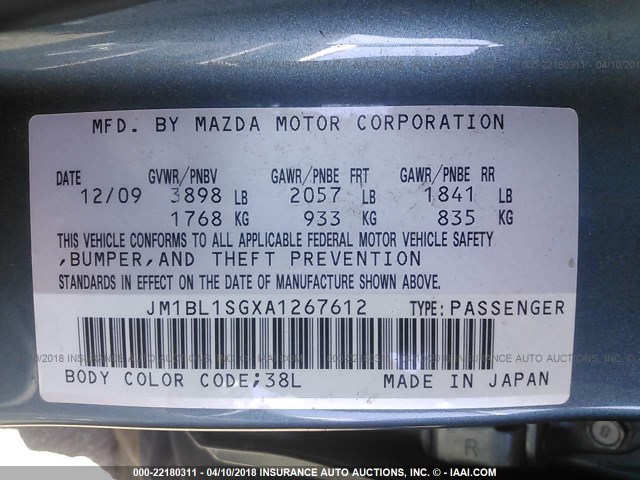 JM1BL1SGXA1267612 - 2010 MAZDA 3 I TURQUOISE photo 9