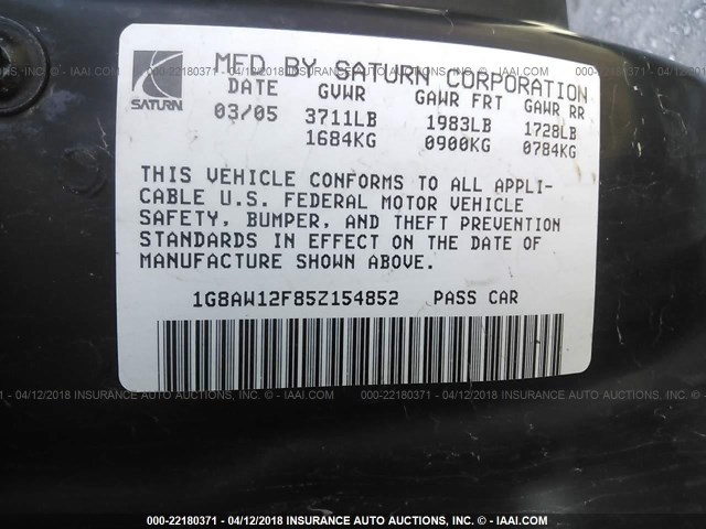 1G8AW12F85Z154852 - 2005 SATURN ION LEVEL 3 BLACK photo 9