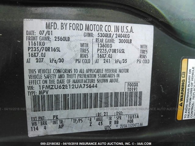 1FMZU62E12UA75644 - 2002 FORD EXPLORER XLS GREEN photo 9