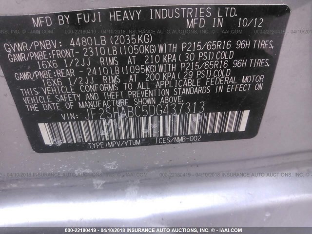 JF2SHABC5DG437313 - 2013 SUBARU FORESTER 2.5X SILVER photo 9