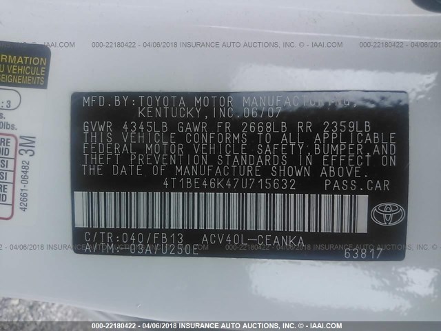 4T1BE46K47U715632 - 2007 TOYOTA CAMRY NEW GENERAT CE/LE/XLE/SE WHITE photo 9