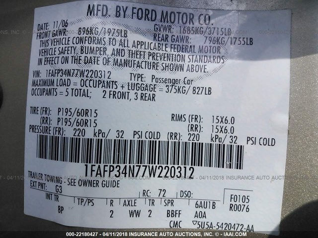 1FAFP34N77W220312 - 2007 FORD FOCUS ZX4/S/SE/SES 金色 照片 9