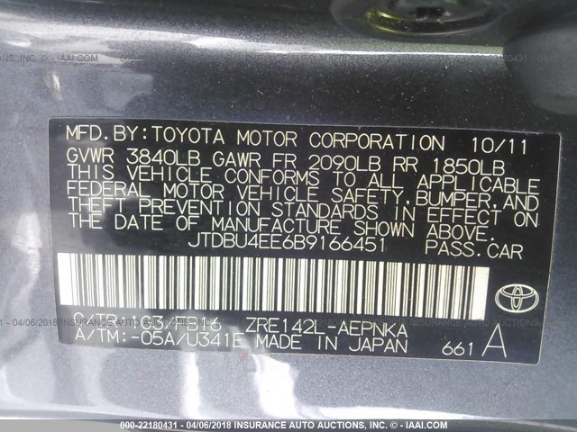 JTDBU4EE6B9166451 - 2011 TOYOTA COROLLA S/LE GRAY photo 9