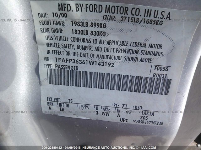 1FAFP36361W143192 - 2001 FORD FOCUS SE/SE COMFORT SILVER photo 9