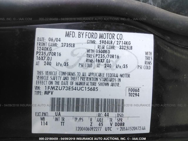 1FMZU73E54UC15685 - 2004 FORD EXPLORER XLT/XLT SPORT/NBX 黑色 照片 9