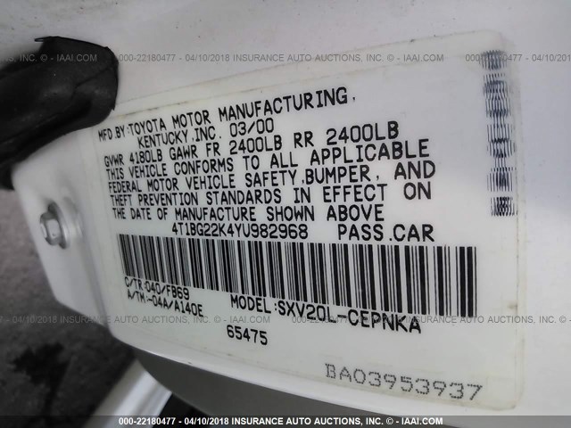 4T1BG22K4YU982968 - 2000 TOYOTA CAMRY CE/LE/XLE 白色 照片 9