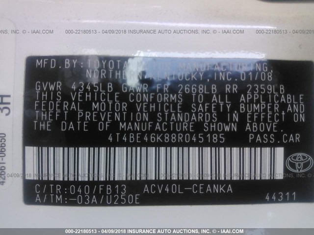 4T4BE46K88R045185 - 2008 TOYOTA CAMRY CE/LE/XLE/SE WHITE photo 9