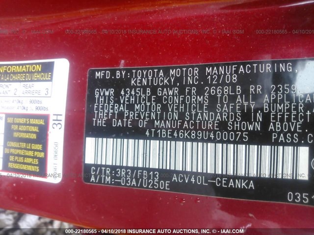 4T1BE46K89U400075 - 2009 TOYOTA CAMRY SE/LE/XLE 红色 照片 9