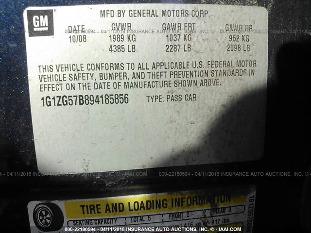 1G1ZG57B894185856 - 2009 CHEVROLET MALIBU LS 蓝色 照片 9