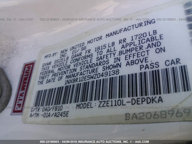 1NXBR12E5WZ049138 - 1998 TOYOTA COROLLA VE/CE/LE 白色 照片 9