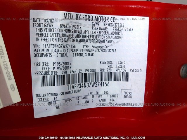 1FAFP34N37W274156 - 2007 FORD FOCUS ZX4/S/SE/SES RED photo 9