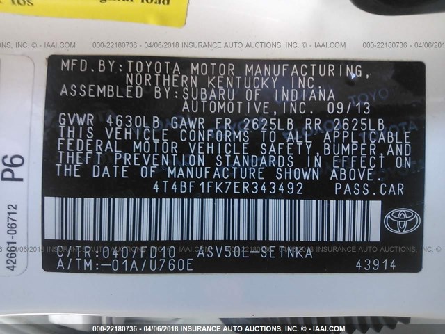 4T4BF1FK7ER343492 - 2014 TOYOTA CAMRY L/SE/LE/XLE 白色 照片 9