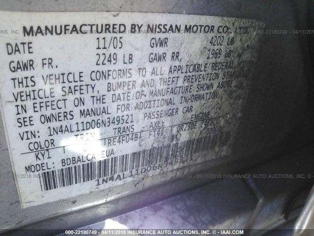 1N4AL11D06N349521 - 2006 NISSAN ALTIMA S/SL SILVER photo 9