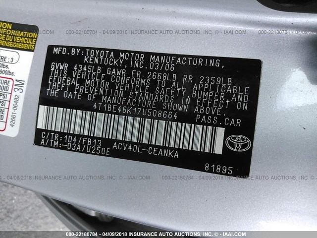 4T1BE46K17U508664 - 2007 TOYOTA CAMRY NEW GENERAT CE/LE/XLE/SE SILVER photo 9