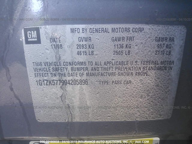 1G1ZK577994205896 - 2009 CHEVROLET MALIBU LTZ GRAY photo 9